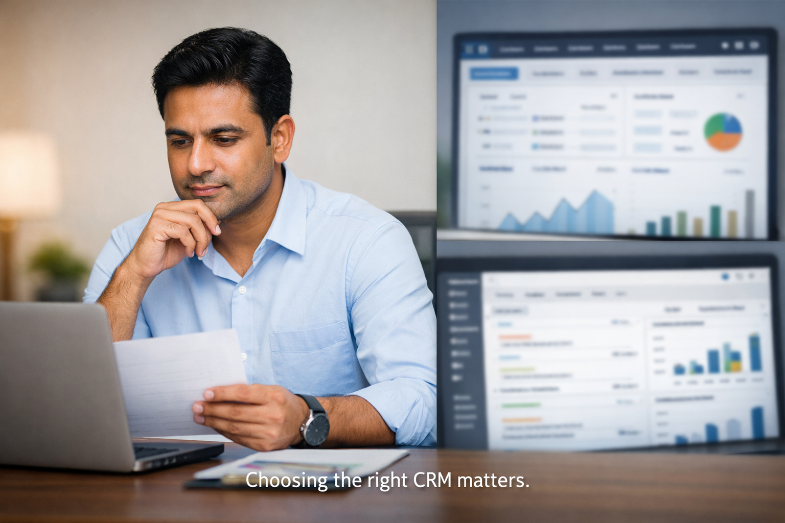 Indian Mutual Fund Distributor comparing CRM systems on a laptop with reports and dashboards